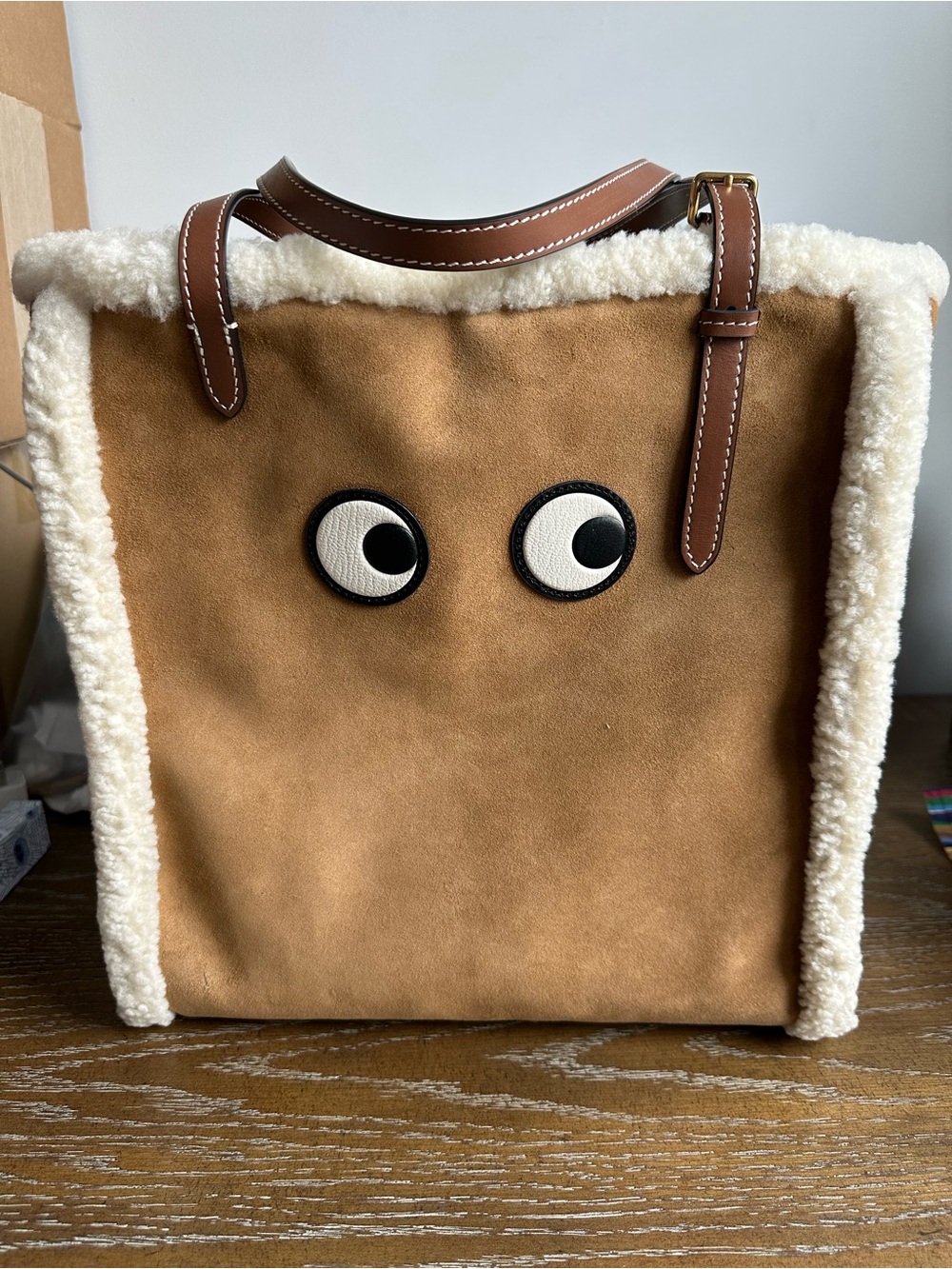 Anya Hindmarch Shearling Suede Leather Tote With Eyes